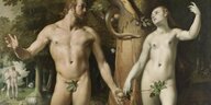 Ein Gemälde zeigt die biblische Szene von Adam und Eva