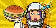 Bunte Illustration einer Astronautin mit Burger - wow.