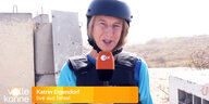 Ein Screenshot der ZDF-Sendung Volle Kanne zeigt die Journalistin Katrin Eigendorf mit Helm in Israel